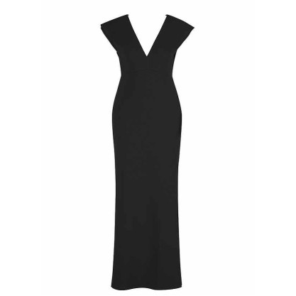 AZ Occasions Maxi Crepe Dress with V Neckline and Cap Sleeves